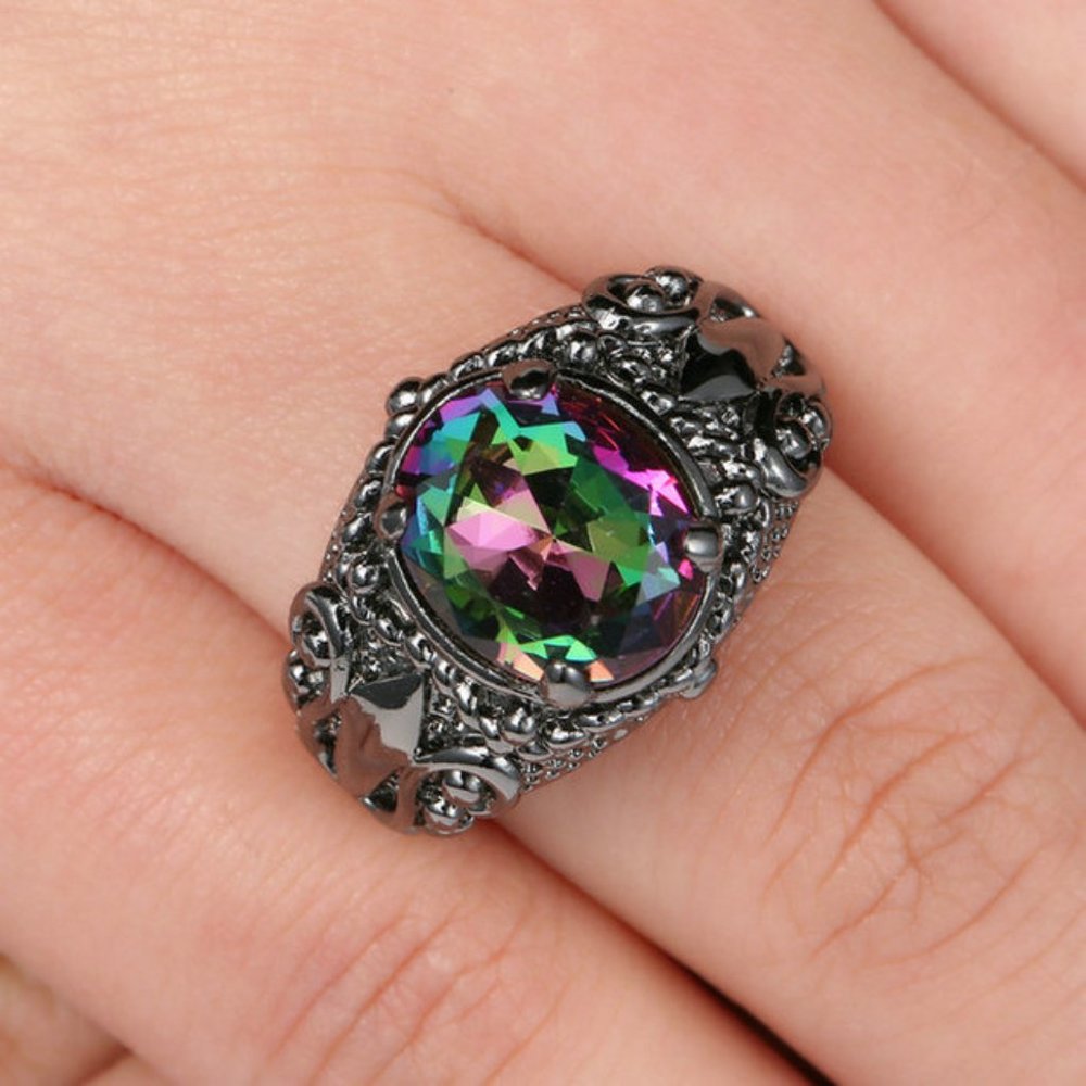 5 CT Rainbow Topaz Black Rhodium Wedding Ring 8 - Picture 3 of 3